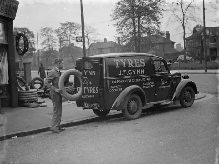 Framed Print : A J T Gynn and Son Tyres store with their Bedford truck parked outside, in Bexleyheath Framed Print : A J T Gynn and Son Tyres store with their Bedford truck parked outside, in Bexleyheath