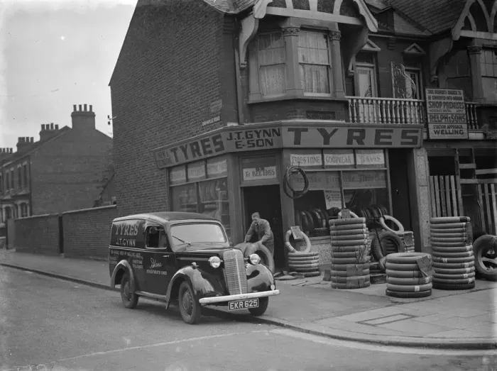Framed Print : A J T Gynn and Son Tyres store with their Bedford truck parked outside, in Bexleyheath Framed Print : A J T Gynn and Son Tyres store with their Bedford truck parked outside, in Bexleyheath
