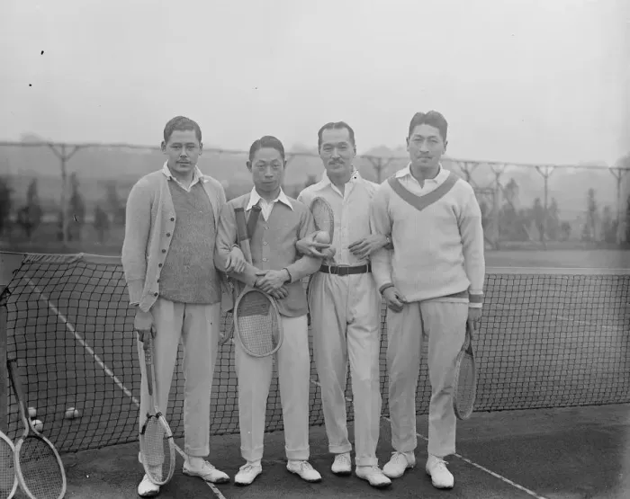 Framed Print : Japanese tennis players at practice at Hendon. The Japanese tennis team who oppose Framed Print : Japanese tennis players at practice at Hendon. The Japanese tennis team who oppose