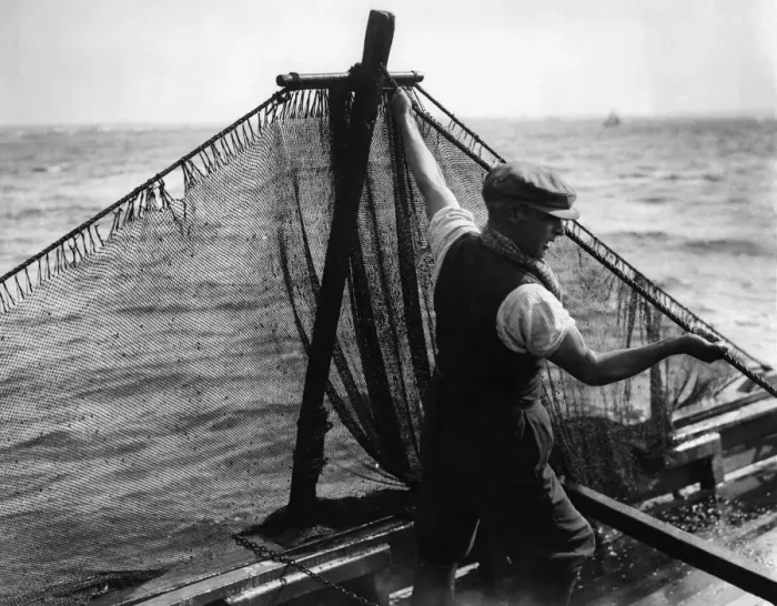 Framed Print : Jim Bradford preparing to haul in the shrimp nets - 1936 A TopFoto Framed Print : Jim Bradford preparing to haul in the shrimp nets - 1936 A TopFoto