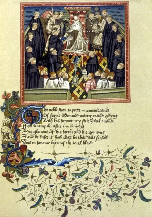 Framed Print : John Lydgate (c. 1370-c. 1450) presenting his poem to the King Framed Print : John Lydgate (c. 1370-c. 1450) presenting his poem to the King
