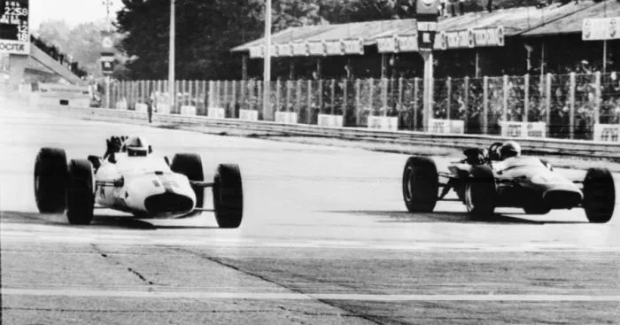 Framed Print : John Surtees beating Jack Brabham by a car length in the Italian Grand Prix at Monza