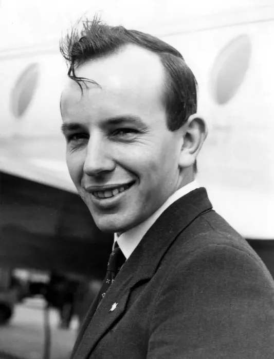 Framed Print : John Surtees, Briatins ace motor-cyclist, seen before he left London Airport for Milan Framed Print : John Surtees, Briatins ace motor-cyclist, seen before he left London Airport for Milan