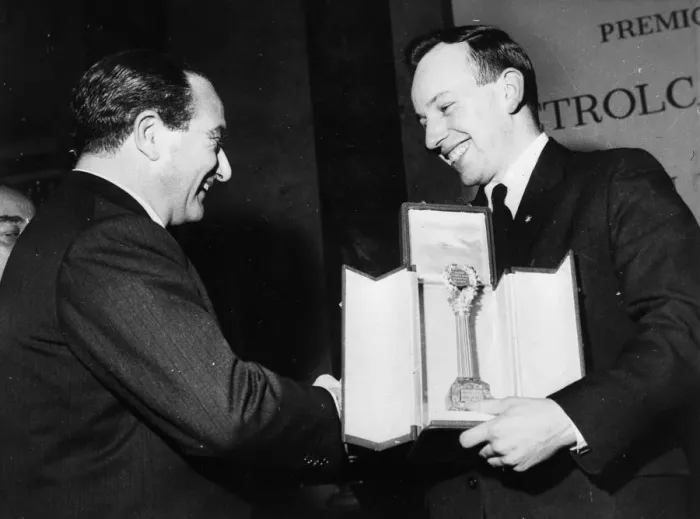 Framed Print : John Surtees receives trophy in Milan. Milan, Italy : Motor - cycling World Champion Framed Print : John Surtees receives trophy in Milan. Milan, Italy : Motor - cycling World Champion
