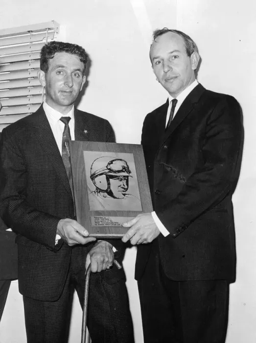 Framed Print : John Surtees (right) the present world champion car racing driver received a special Framed Print : John Surtees (right) the present world champion car racing driver received a special