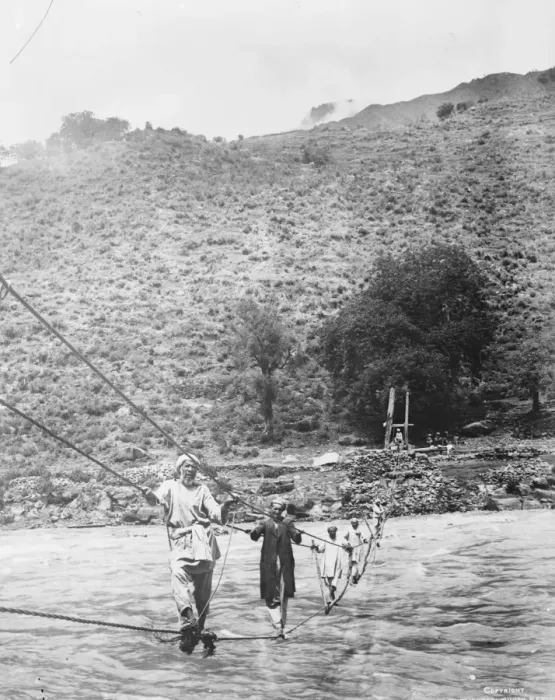 Framed Print : Kashmir, India A rope bridge across the Jhelum river near Srinagar. The ropes Framed Print : Kashmir, India A rope bridge across the Jhelum river near Srinagar. The ropes