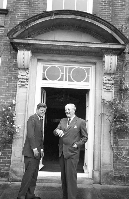 Framed Print : Kennedy and Macmillan outside Birch Grove, Chelwood Gate, Sussex - Macmillans home Framed Print : Kennedy and Macmillan outside Birch Grove, Chelwood Gate, Sussex - Macmillans home