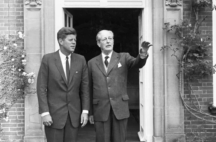 Framed Print : Kennedy and Macmillan outside Birch Grove, Chelwood Gate, Sussex - Macmillans home