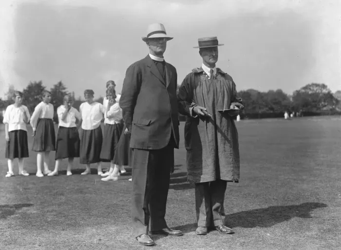 Framed Print : Kent versus Sussex Ladies stoolball match at Tunbridge Wells. The umpires; Framed Print : Kent versus Sussex Ladies stoolball match at Tunbridge Wells. The umpires;