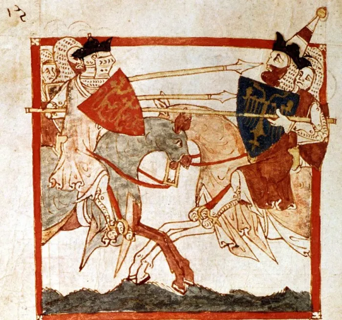 Framed Print : King Arthur fights the Emperor Lucius, 13th century. King Arthur page 48
