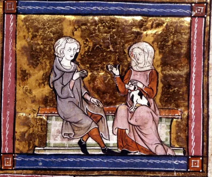 Framed Print : King Arthur and Guinevere sit and talk. Early 14th century. Guinevere was the Queen Framed Print : King Arthur and Guinevere sit and talk. Early 14th century. Guinevere was the Queen