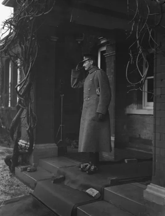 Framed Print : King of Denmark visits the 2nd Buffs at Aldershot. Taking the salute. 5 December 1929