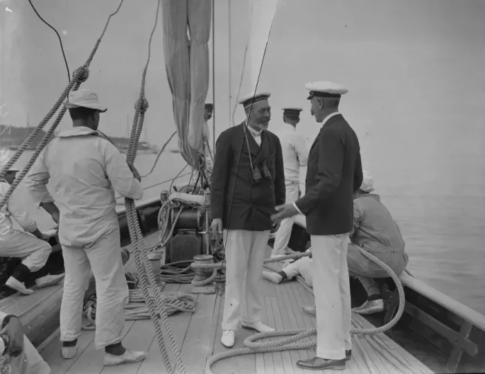 Framed Print : The King takes the wheel of his yacht Britannia. A happy snapshot of the King Framed Print : The King takes the wheel of his yacht Britannia. A happy snapshot of the King