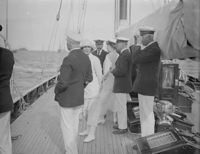 Framed Print : The King takes the wheel of his yacht Britannia. 7 August 1924 Framed Print : The King takes the wheel of his yacht Britannia. 7 August 1924