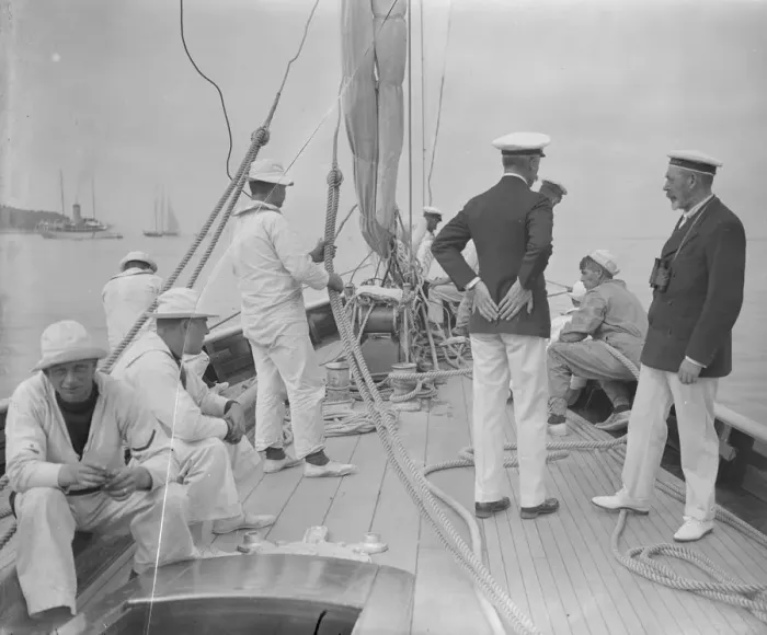 Framed Print : The King takes the wheel of his yacht Britannia. 7 August 1924 Framed Print : The King takes the wheel of his yacht Britannia. 7 August 1924