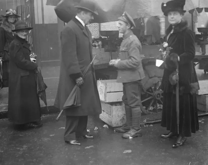 Framed Print : L C C Elections Sir Francis Lloyd canvassing a demobilised soldier 5 March 1919 Framed Print : L C C Elections Sir Francis Lloyd canvassing a demobilised soldier 5 March 1919