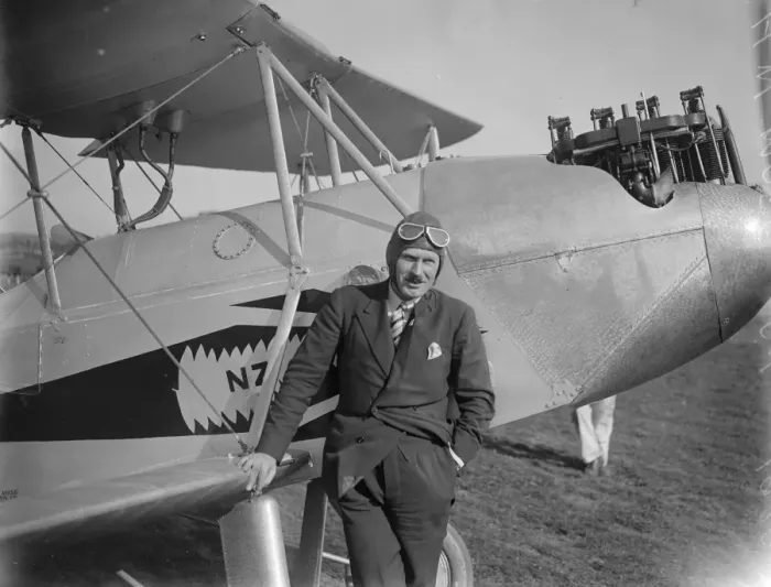 Framed Print : Lady Bailey christens Mr H W Mases baby moth All Black at Croydon. 19 April 1929