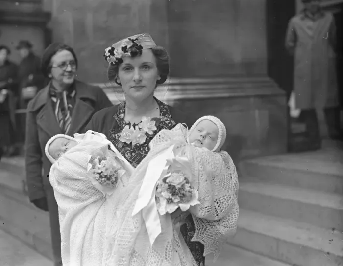 Framed Print : Lady Morris and her twin sons, Michael David and Edward Patrick, after their christening Framed Print : Lady Morris and her twin sons, Michael David and Edward Patrick, after their christening