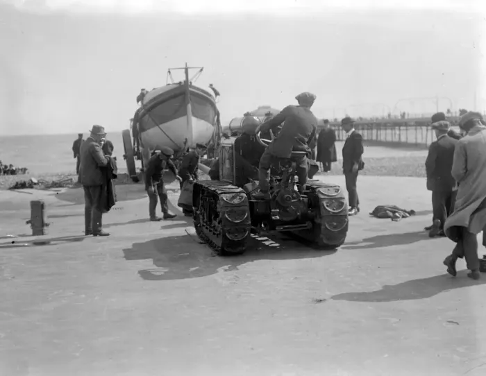 Framed Print : Launching the Lifeboat at Worthing by Motor Tractor. 1920s, 1930s Framed Print : Launching the Lifeboat at Worthing by Motor Tractor. 1920s, 1930s
