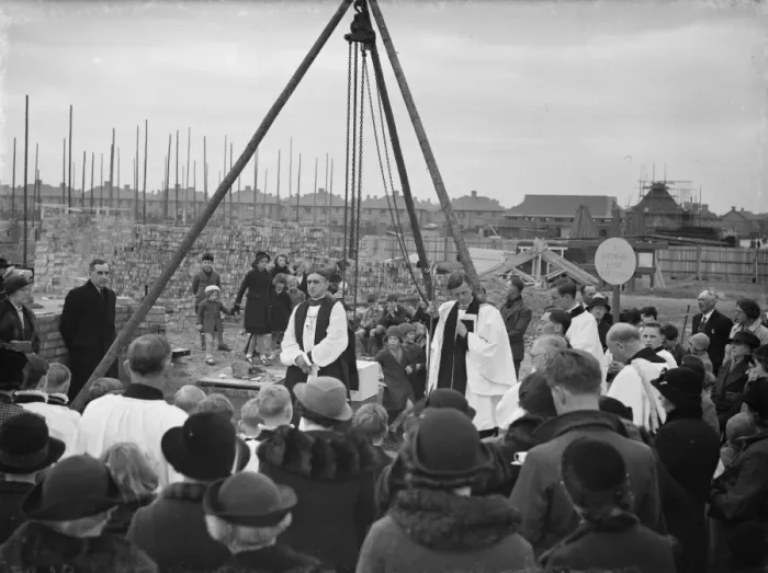 Framed Print : The laying of the foundation stone ceremony led by the Bishop of Kingstone, Reverend
