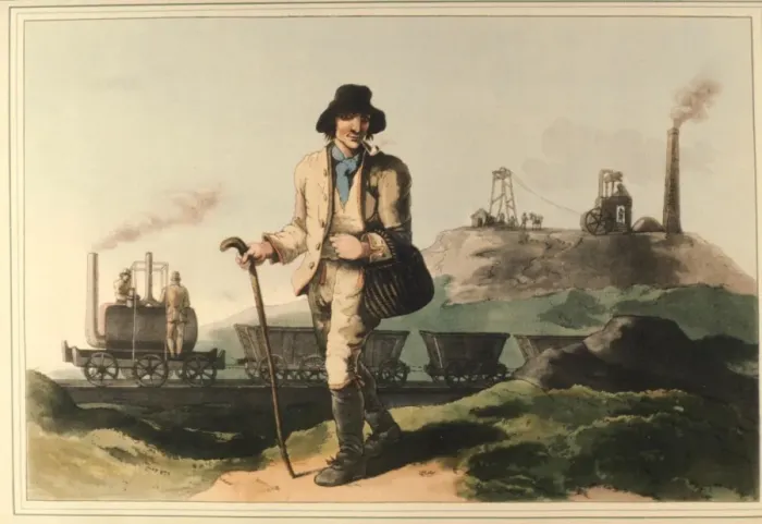 Framed Print : A Leeds miner and Bienkinsop loco (aquatint) Framed Print : A Leeds miner and Bienkinsop loco (aquatint)