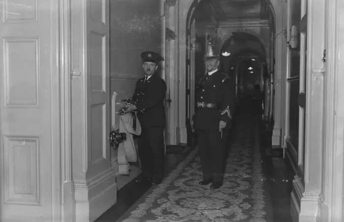 Framed Print : On left, Metropole Hotel Fireman with Alderman Henry Edward Davis, one of the most