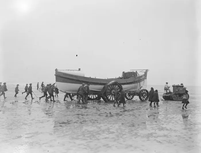 Framed Print : Lifeboat launched by Motor Tractor. Horses replaced by water tight machinery An