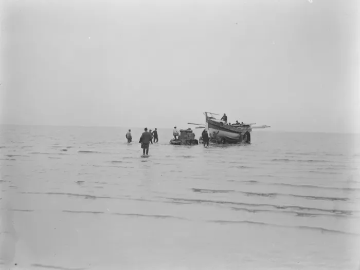 Framed Print : Lifeboat launched by Motor Tractor. Horses replaced by water tight machinery An Framed Print : Lifeboat launched by Motor Tractor. Horses replaced by water tight machinery An