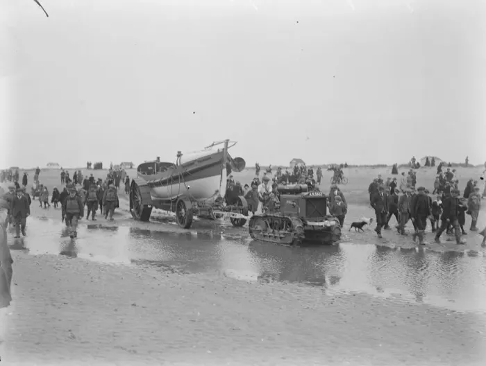 Framed Print : Lifeboat launched by Motor Tractor. Horses replaced by water tight machinery A