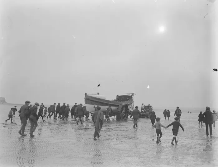 Framed Print : Lifeboat launched by Motor Tractor. Horses replaced by water tight machinery An Framed Print : Lifeboat launched by Motor Tractor. Horses replaced by water tight machinery An