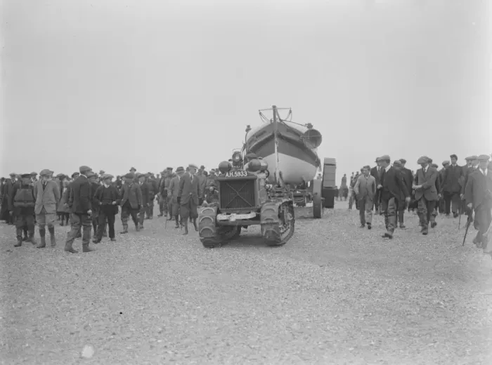 Framed Print : Lifeboat launched by Motor Tractor. Horses replaced by water tight machinery An Framed Print : Lifeboat launched by Motor Tractor. Horses replaced by water tight machinery An
