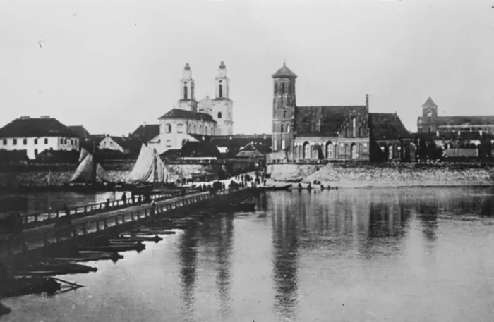 Framed Print : Lithuania. Kovno ( Kaunas ), the old cathedral on the left viewed from the pontoon