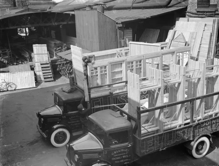 Framed Print : Loading Bedford lorrys at the G Ellis joinery works in Hackney. 7 April 1938 Framed Print : Loading Bedford lorrys at the G Ellis joinery works in Hackney. 7 April 1938