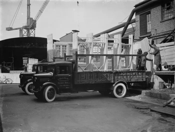Framed Print : Loading Bedford lorrys at the G Ellis joinery works in Hackney. 7 April 1938 Framed Print : Loading Bedford lorrys at the G Ellis joinery works in Hackney. 7 April 1938