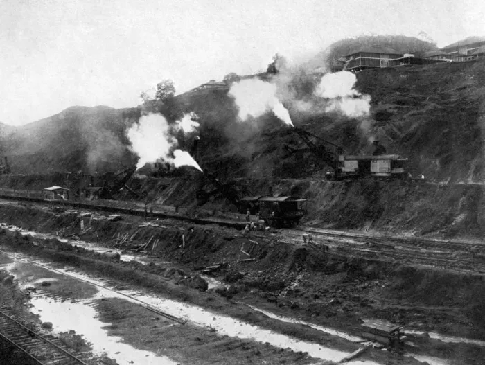 Framed Print : Loading a landslide onto a train, Panama Framed Print : Loading a landslide onto a train, Panama