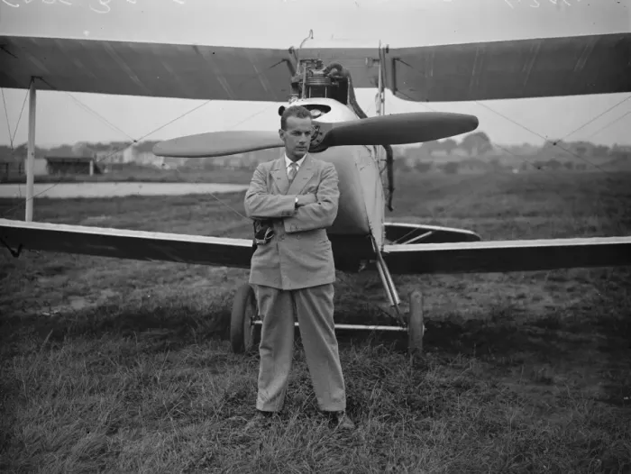 Framed Print : London to Capetown by Moth. Captain Bentley standing in front of his machine. 30