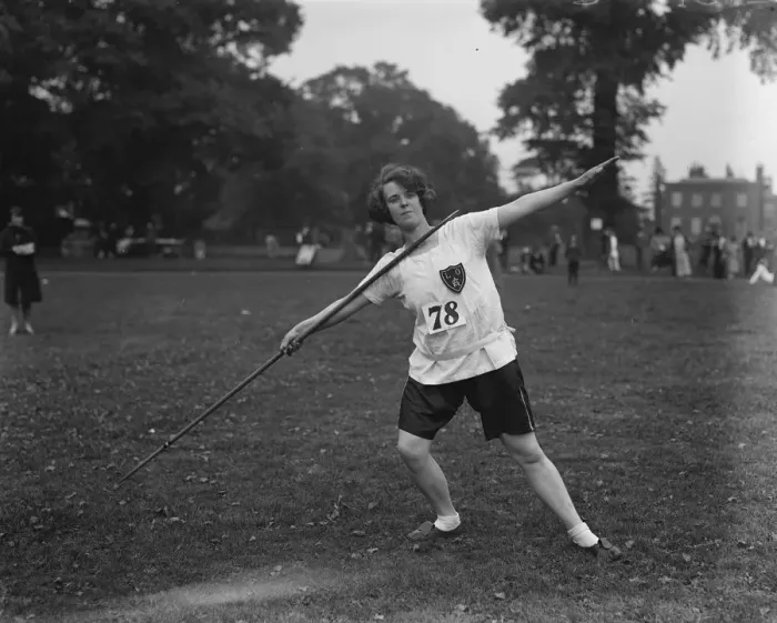 Framed Print : London Olympiade Autumn meeting at Micham. Miss Fawcett throwing the javelin. 15 Framed Print : London Olympiade Autumn meeting at Micham. Miss Fawcett throwing the javelin. 15