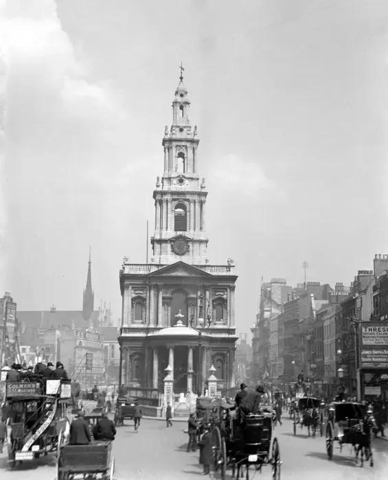 Framed Print : London street scene. View of St Mary Le Strand Church, Strand, London. Early 1900s