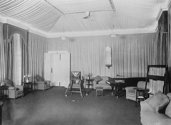 The London studio of the British Broadcasting Co. The Marconi microphone will be