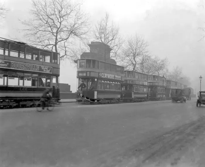 Framed Print : London. Trams on the Embankment. 8 January 1925