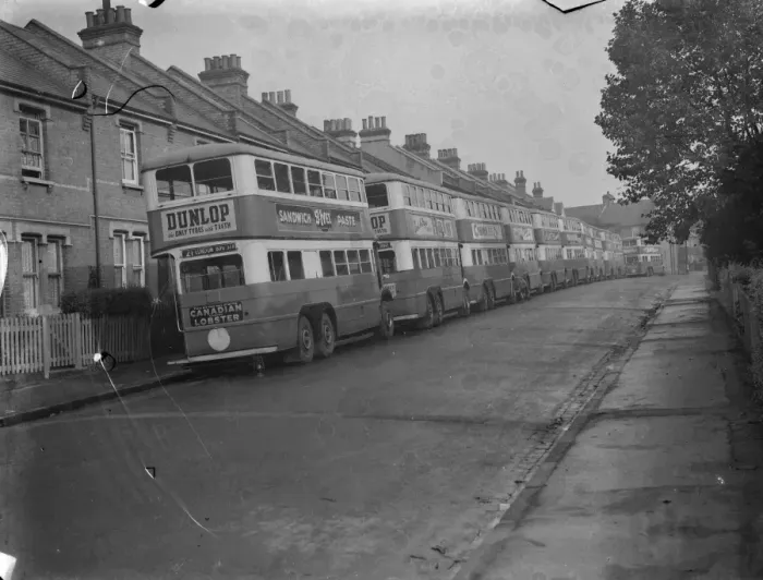 Framed Print : London Transport buses parked in a side street in Sidcup, Kent. 1939