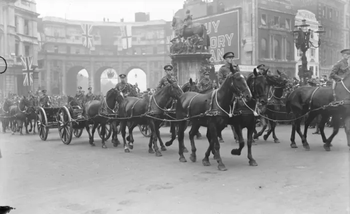 Framed Print : The London Troops victory march. The Royal Field Artillery of the County of London