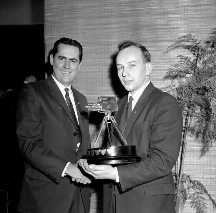 Framed Print : London : World Motor Racing Champion, Jack Brabham ( left ) congratulates the newly