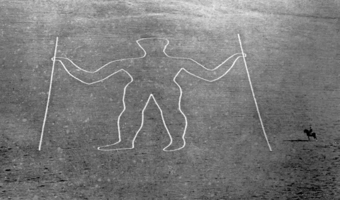 Framed Print : The Long Man of Wilmington Sussex 1874 231 ft tall holds a staff in each hand