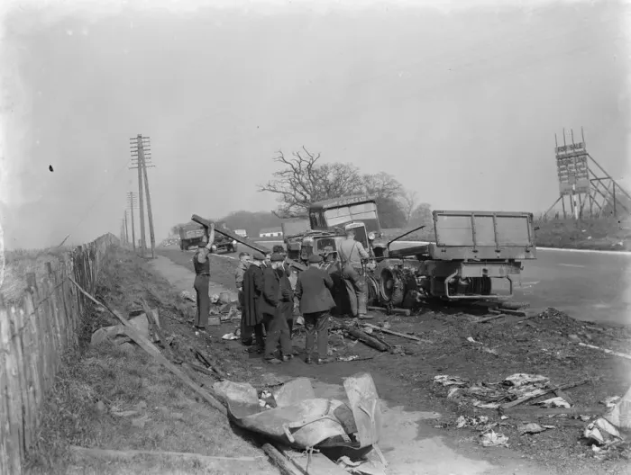 Framed Print : A lorry burnt out on Wrotham Hill, Kent. 1937 Framed Print : A lorry burnt out on Wrotham Hill, Kent. 1937