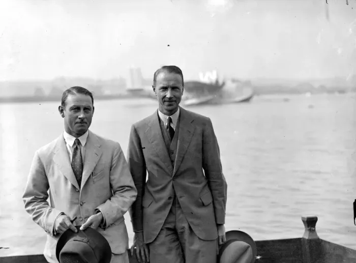 Framed Print : Major Mayo the designer (right) and Lanchester Parker the test pilot before the flight Framed Print : Major Mayo the designer (right) and Lanchester Parker the test pilot before the flight