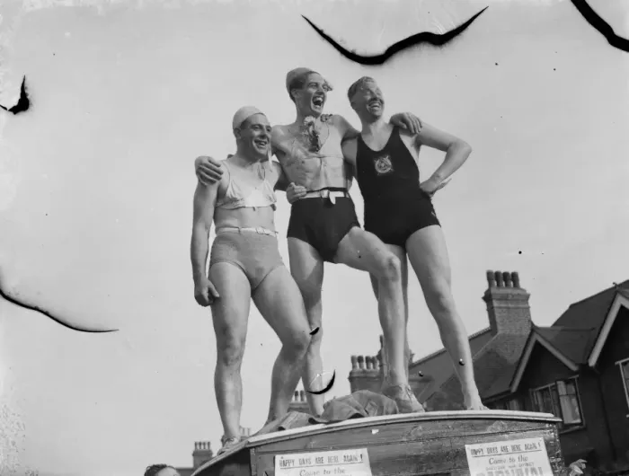 Framed Print : Male swimmers part of the Dartford Carnival procession. 1939 Framed Print : Male swimmers part of the Dartford Carnival procession. 1939