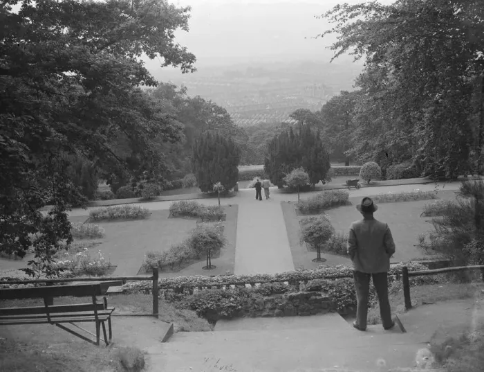 Framed Print : A man stands looking out over Castlewoods in Eltham, Kent. 1939 Framed Print : A man stands looking out over Castlewoods in Eltham, Kent. 1939
