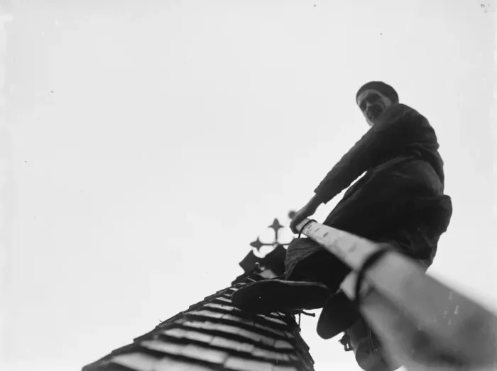 Framed Print : Man working up on the steeple of North Cray Church, Kent. 1936 Framed Print : Man working up on the steeple of North Cray Church, Kent. 1936