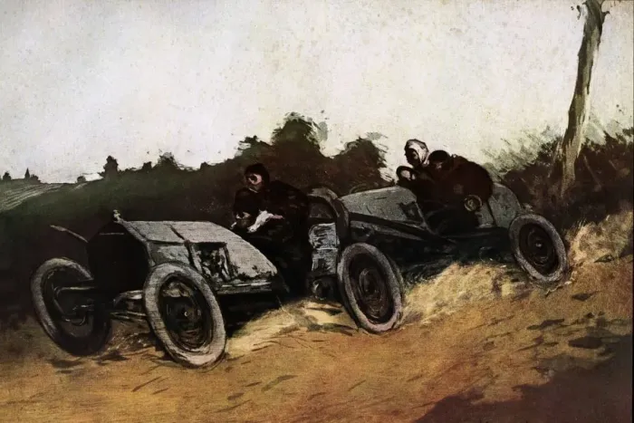 Framed Print : Manuel Roble painting of The Paris-Madrid race of 1903 Framed Print : Manuel Roble painting of The Paris-Madrid race of 1903